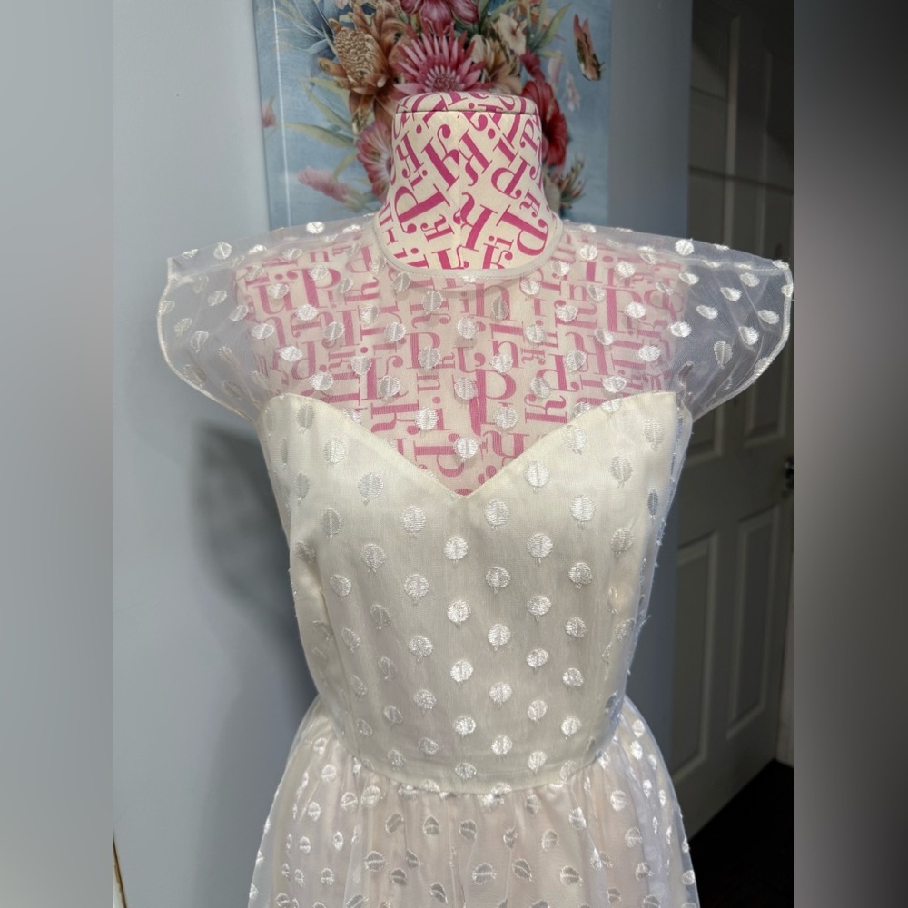 1950s Warren‎ Petites Ivory Polka Dot Tulle Illusion Dress Tea Length Size 6 - Picture 2 of 12